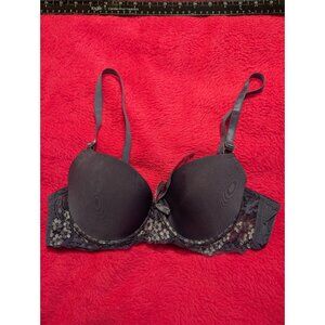 Mamia Push-Up Underwire Bra 32B Dark Grey Floral Lace Bow Detail